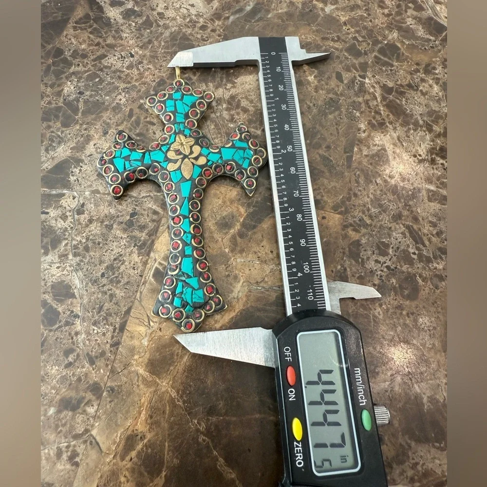 Tibetan Brass Inlay Cross - Picture 3 of 4